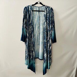 Roaman's Womens Blue White Tie Dye Stretch Ultra Drape Cardigan Sweater Size 1X